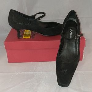 Vaneli black square toe pump with strap 7M